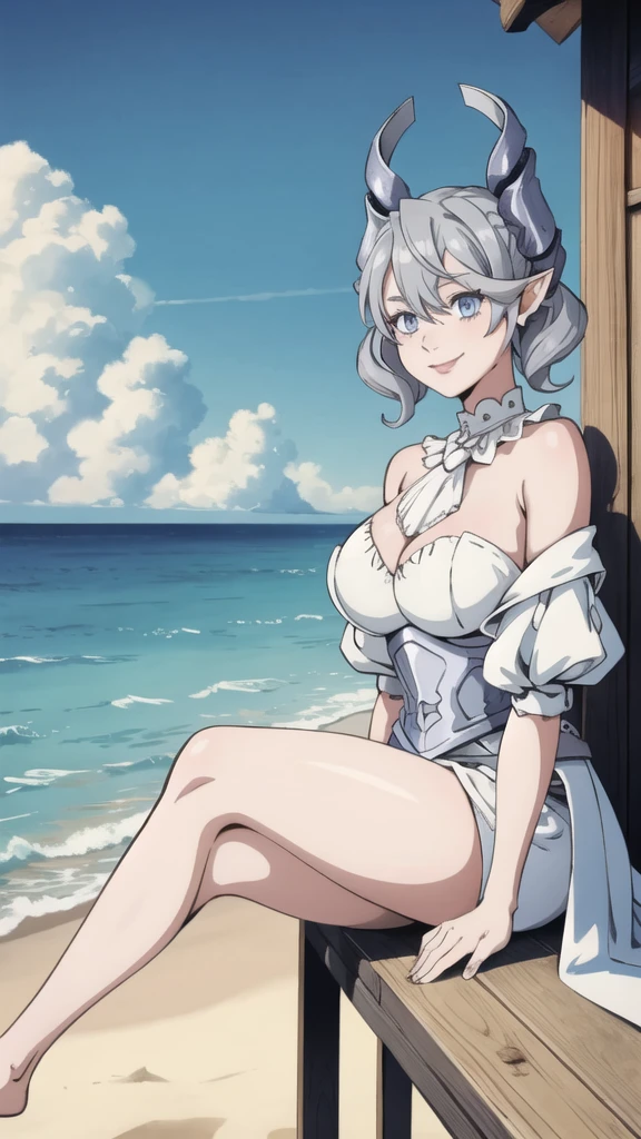 Beautiful arts wallpaper Sunset Outside castle top  High level image quality　best image quality　8K　 adult woman   silver castle outside  more colors   whole body view　portrait　 wearing pure white pirate dress  　horn    ears  　short hair（（shortcut）（gray hair）（perm）（fluffy））　eye color is blue ,  , 　attractive evil face , smile   ,  beach   ,  labrynth       , barefoot , teasing with her breast,   , sitting with crossed legs  , waves