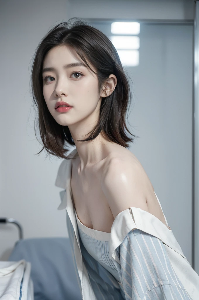 (((best quality))), (((ultra detailed))), (((masterpiece))), illustration,((a fragile and beautiful young girl,solo)),((slim,thin)),((shoulder off,bare back,towering hips,butt crack)),((sitting on a hospital bed)),(vertical striped blue and white patient's collared shirt:1.3), ethereal appearance,(shoulder length straight bob hair:1.2),((close eyes,open mouth,female orgasmic,blush,ahegao)),delicate features, expressive eyes, porcelain skin, worried expression, vertical stripes on the gown, loose fit, slender fingers, polished nail polish, clinical examination room, faded walls, doctors' cart, stainless steel, hospital backdrop, stark contrasts, cold environment, warmth and vulnerability, poignant moment, moving image,((from back,upper body)),