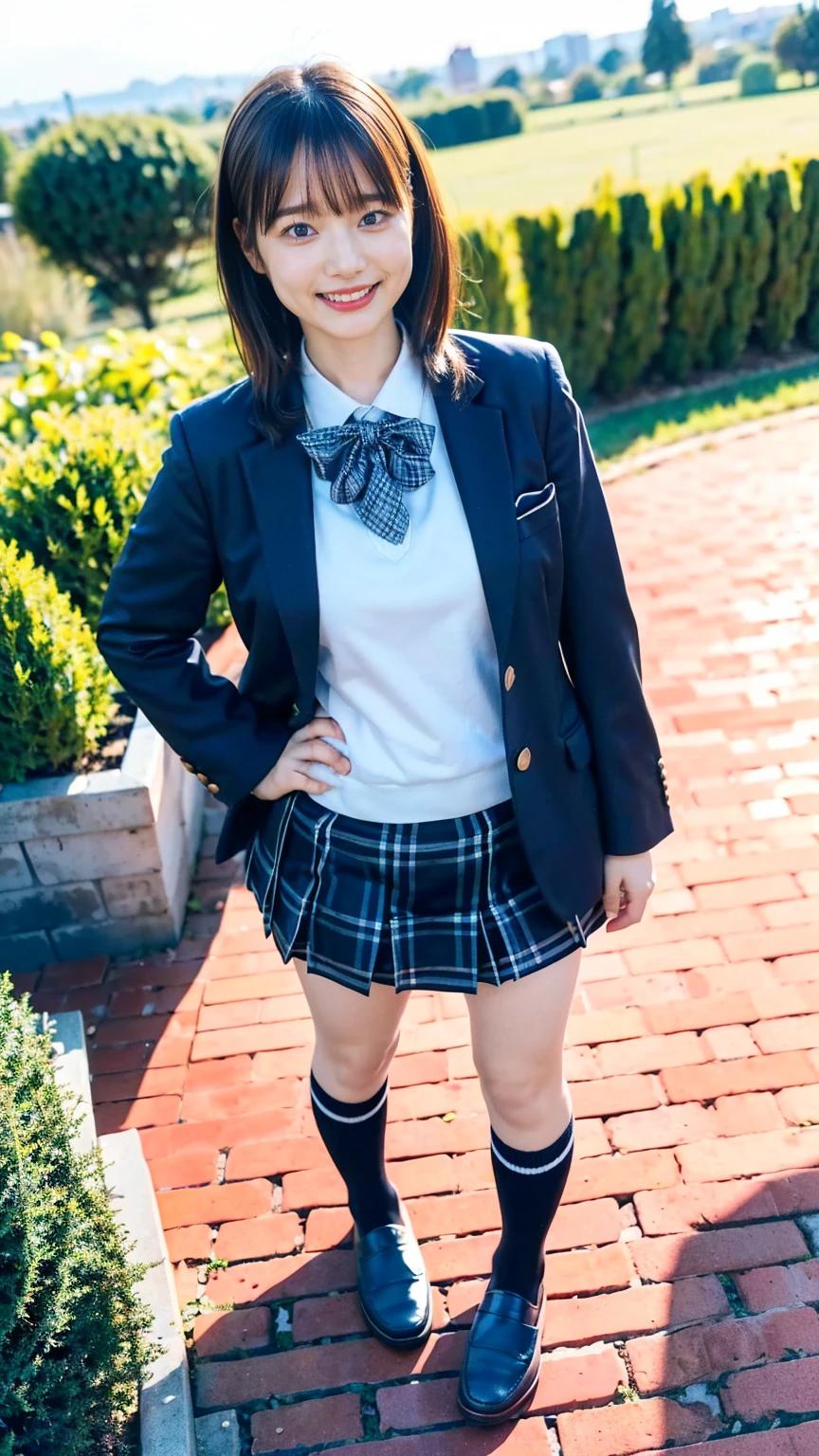 (8K、RAW Photos、Highest quality、masterpiece:1.2)、(Realistic、Realistic)、1 Girl、((Black Check Mini Skirt、High School Uniform、smile、blazer、Navy Socks、loafers、Medium Hair、garden、View from the front、Looking into the camera、Stand with hands on hips))、cute