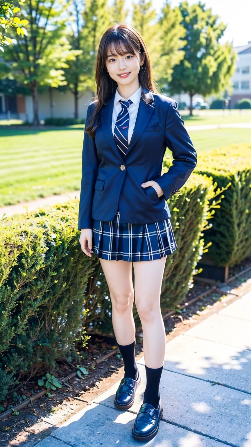 (8K、RAW Photos、Highest quality、masterpiece:1.2)、(Realistic、Realistic)、1 Girl、((Black Check Mini Skirt、High School Uniform、smile、blazer、Navy Socks、loafers、Medium Hair、garden、View from the front、Looking into the camera、Stand with hands on hips))、cute