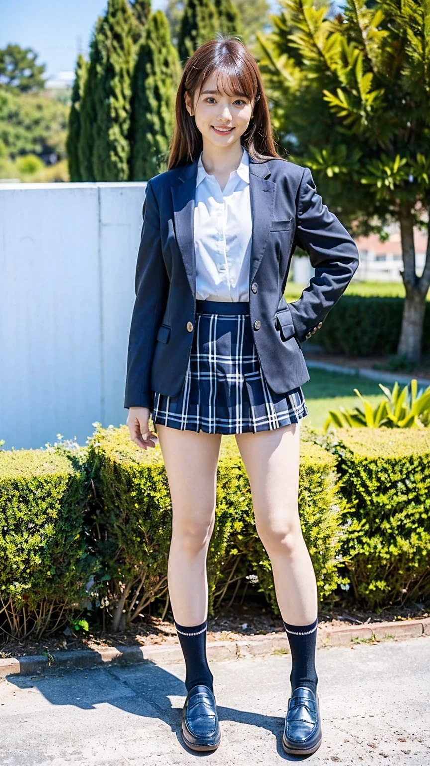 (8K、RAW Photos、Highest quality、masterpiece:1.2)、(Realistic、Realistic)、1 Girl、((Black Check Mini Skirt、High School Uniform、smile、blazer、Navy Socks、loafers、Medium Hair、garden、View from the front、Looking into the camera、Stand with hands on hips))、cute