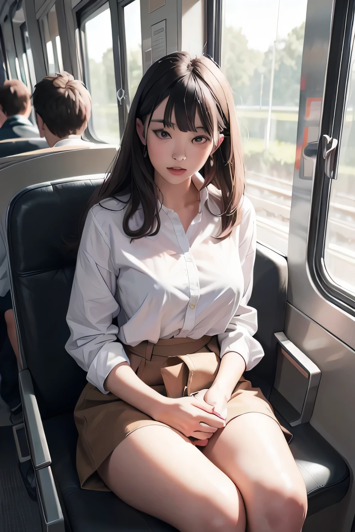 a woman is sitting inside the train window watching the scenery outside and a man sitting besides her window, 1girl, breasts, solo, sitting, shirt