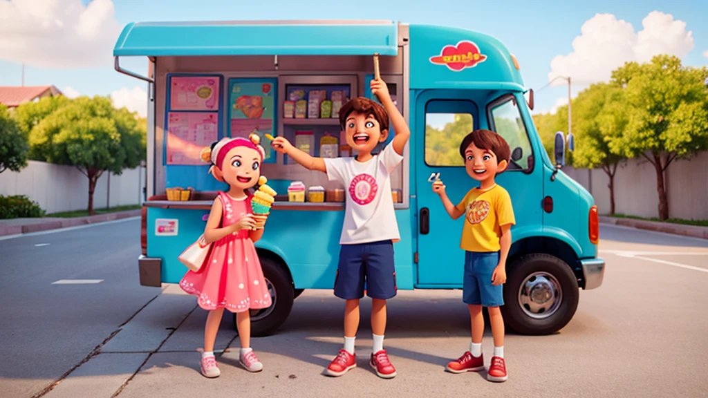 Generate an AI image of a cheerful ice cream truck with various flavors on display, showing a girl and a boy standing together, sharing ice cream cones and laughing.