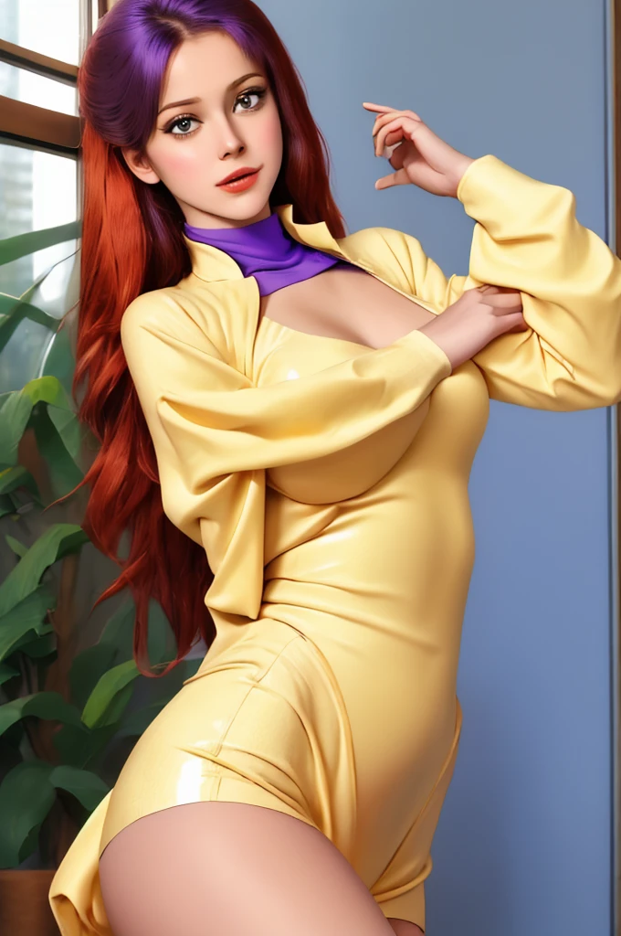 absurdres, mary jane watson, upper body, yellow sweater with purple turtleneck 