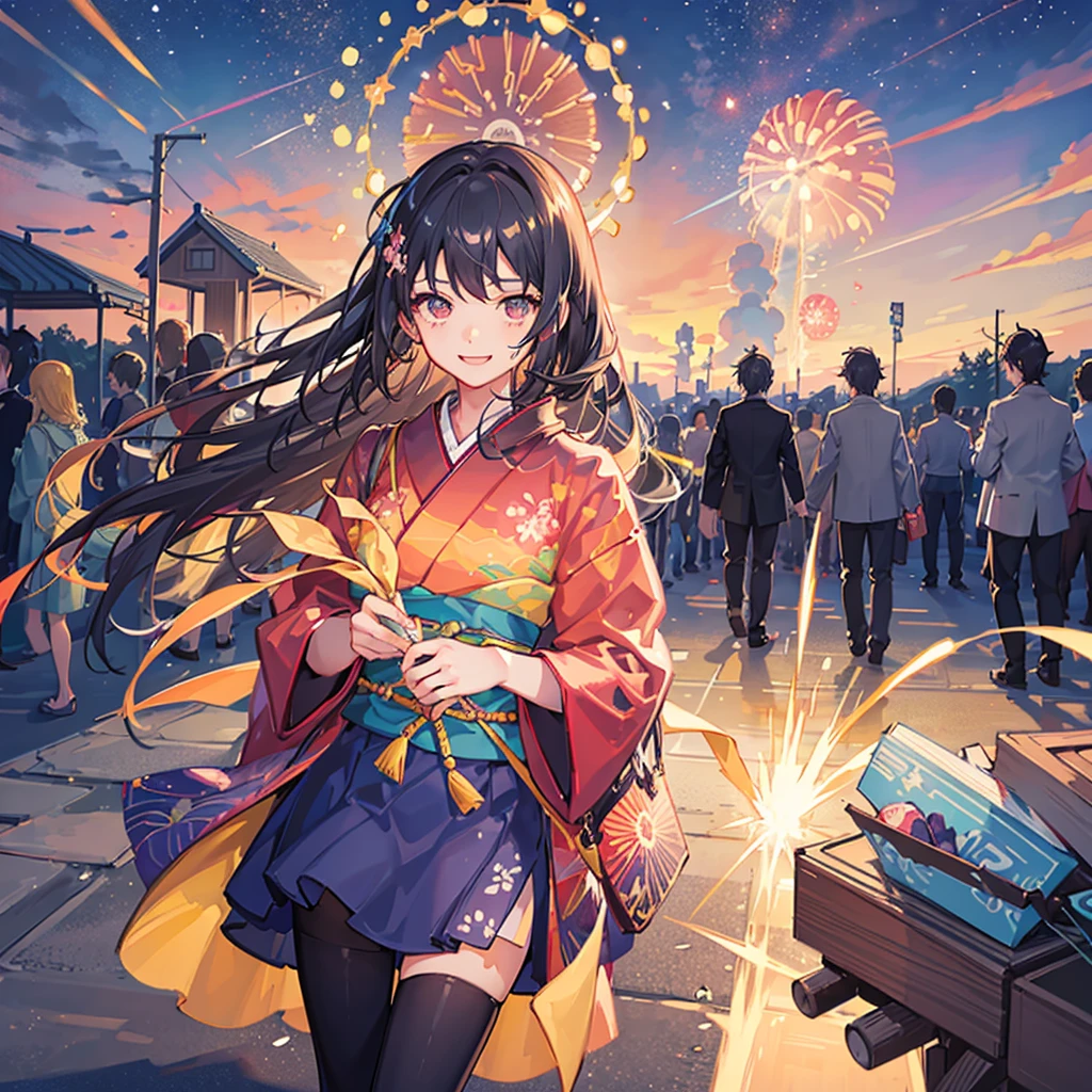 Couple,(Boy 1:Girl 1)Lovely,Date,Love love,smile,Fleeting,romantic,atmosphere,landscape,firework,Night Sky,たくさんのfirework,summerfestival,turn around,Girl is wearing a kimono,Hand in hand,Night Skyに美しいfirework,たくさんのfirework,綺麗なNight Sky,summer,festival,Young people,Throb