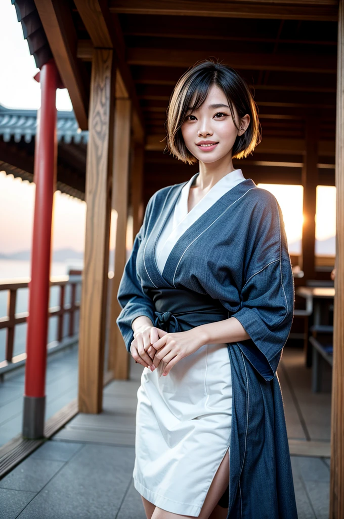 Highest quality,a girl, one girl,solo focus,alone,4K,8K,Realistic,Japanese women,一人のJapanese women,26 years old,Gal,Charm,Beautiful eyes,smile,smaile,teeth,short blonde hair,Large Breasts,healthy,positive,Very detailed,Casual Style,sexy,sunset,In town