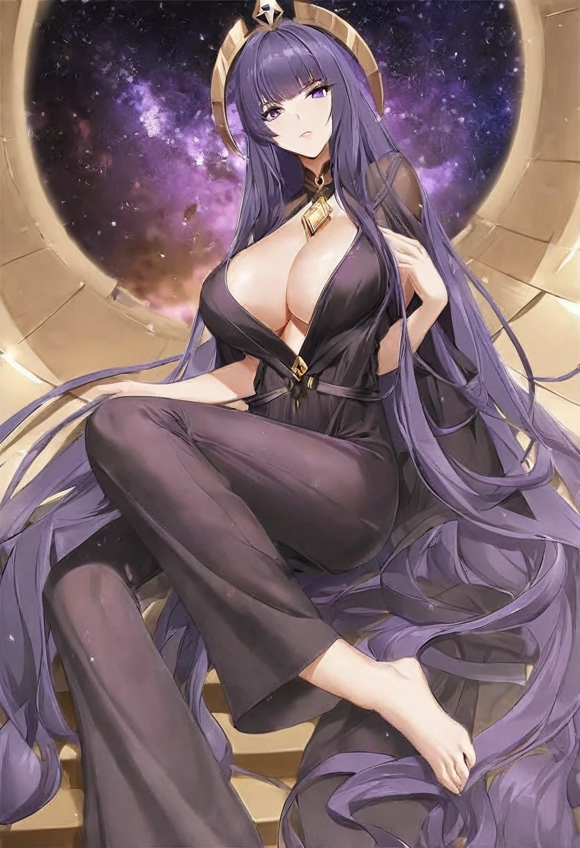 Athena,Extra long purple hair,Purple Eyes,Wearing black silk,Purple jumpsuit,But the one-piece dress is very sexy and revealing,barefoot,A black hole in the universe,Purple and black black hole