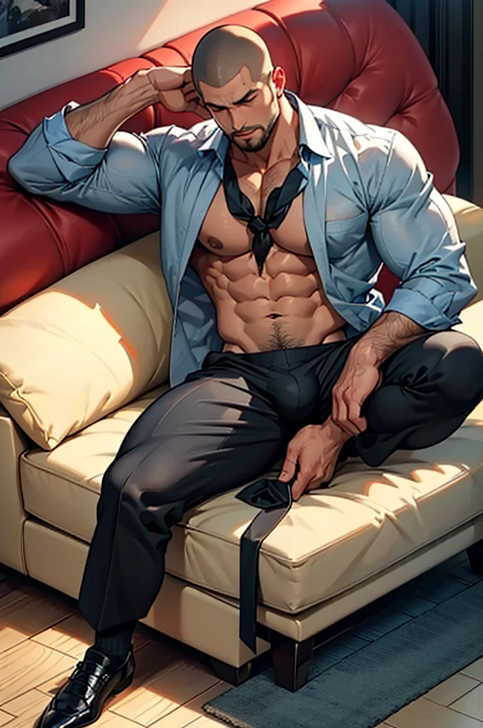 5man, full body, buzzcut facial hair, drunk sleeping on couch, legs open, full suits and tie, big bulge, shirts open showing_, full pec and abs showing, pants half pulled down showing sexy_red_briefs, wet dreams, big boner, big bulge, black translucent socks