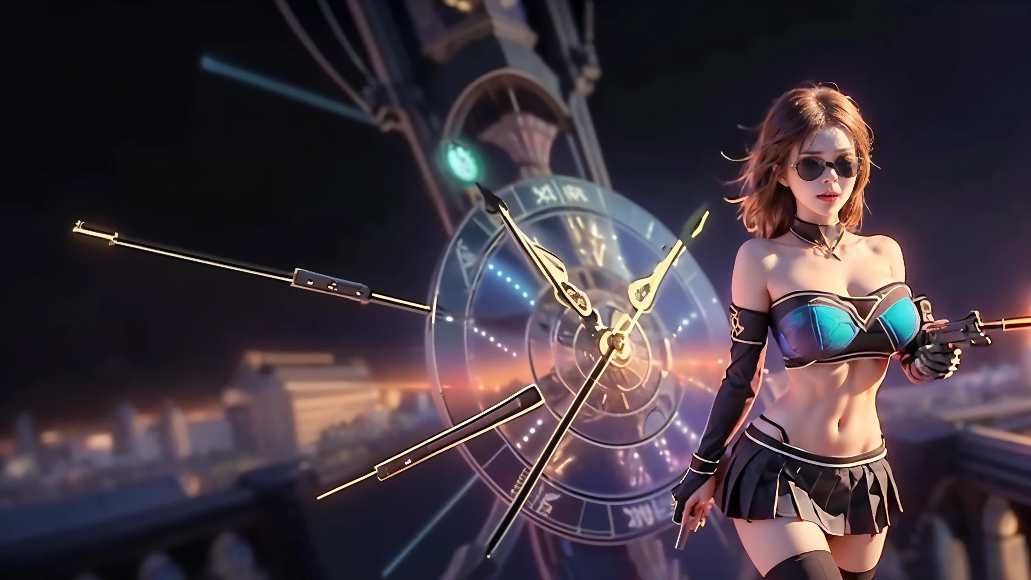 (aerial view). at night, futuristic sci-fi cyberpunk city, broad viaduct, skyscrapers at the end of the viaduct, the movie "13th Floor" style, (((((voltex-spirit-spreading giant clock tower as time machine))))), hq. Matrix style, at night, (1girl, solo), photo realistic, (large-breast:1.2 slim body, cleavage:1.3), (((tube top, extreamly short pleated (((miniskirt)))))), (((((matrix style black sunglasses))))), (((((aiming at viewer with a (short:0.8 pistol)))))), (((half-body (thigh level) medium shot))), (cinematic lighting).