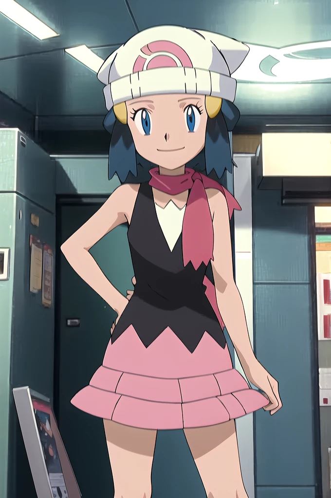masterpiece, Highest quality, High resolution, One girl, alone, dawn (Pokemon), Pink scarf, Black Shirt, Pink Skirt, Have, Outdoor, Bare shoulders, smile
