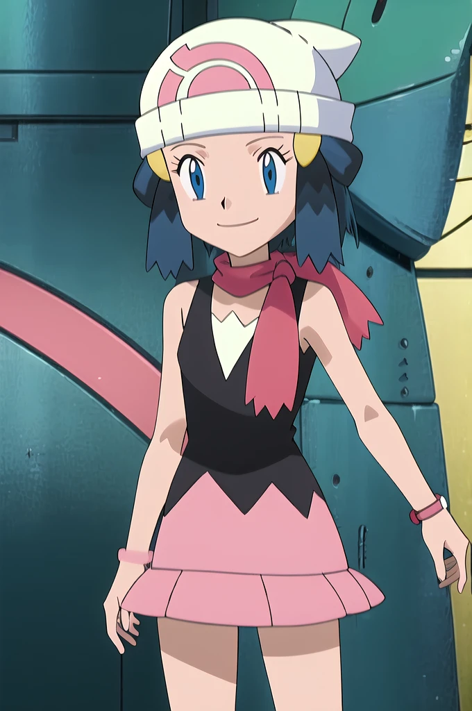 masterpiece, Highest quality, High resolution, One girl, alone, dawn (Pokemon), Pink scarf, Black Shirt, Pink Skirt, Have, Outdoor, Bare shoulders, smile