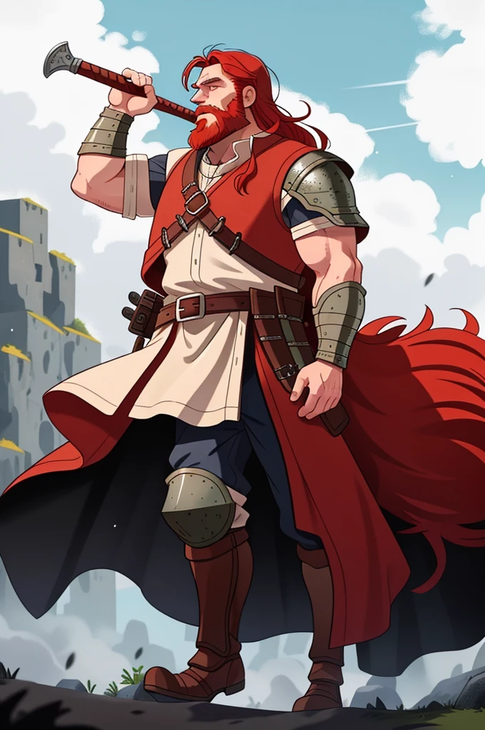 Ingólfr Einarr is a 40-year-old red-haired Viking man with a full and long beard, extroverted, muscular and very attractive, who wears his imposing medieval armor. hyper detailed and super realistic. cartoon style. White background.