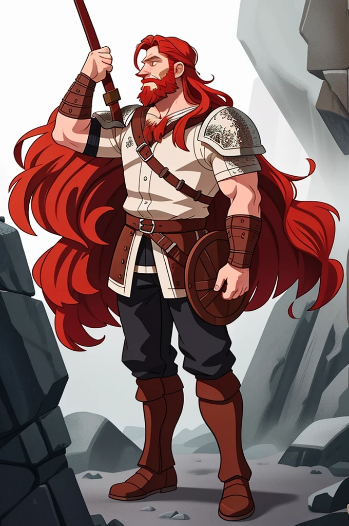 Ingólfr Einarr is a 40-year-old red-haired Viking man with a full and long beard, extroverted, muscular and very attractive, who wears his imposing medieval armor. hyper detailed and super realistic. cartoon style. White background.