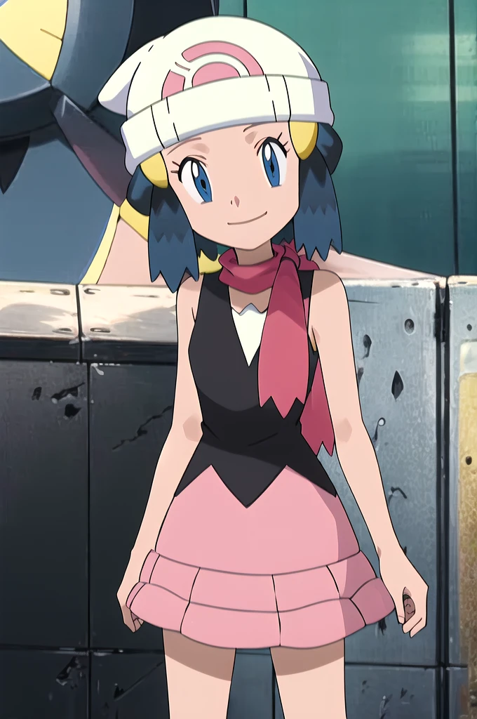 masterpiece, Highest quality, High resolution, One girl, alone, dawn (Pokemon), Pink scarf, Black Shirt, Pink Skirt, Have, Outdoor, Bare shoulders, smile