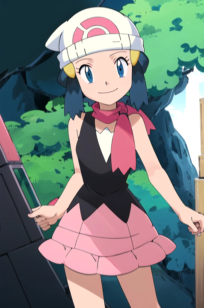 masterpiece, Highest quality, High resolution, One girl, alone, dawn (Pokemon), Pink scarf, Black Shirt, Pink Skirt, Have, Outdoor, Bare shoulders, smile