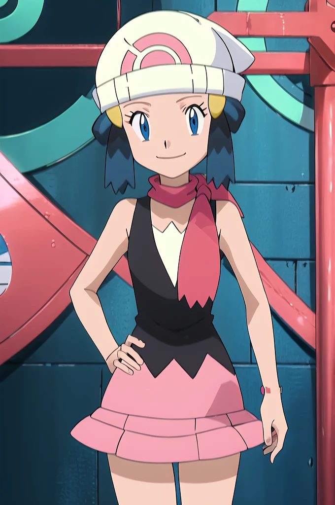 masterpiece, Highest quality, High resolution, One girl, alone, dawn (Pokemon), Pink scarf, Black Shirt, Pink Skirt, Have, Outdoor, Bare shoulders, smile
