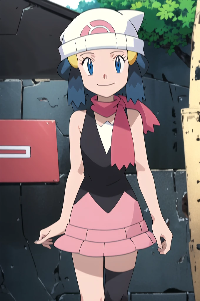masterpiece, Highest quality, High resolution, One girl, alone, dawn (Pokemon), Pink scarf, Black Shirt, Pink Skirt, Have, Outdoor, Bare shoulders, smile