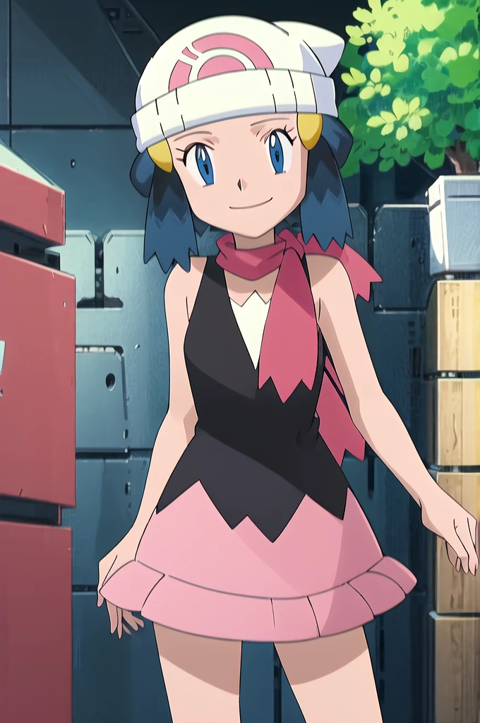 masterpiece, Highest quality, High resolution, One girl, alone, dawn (Pokemon), Pink scarf, Black Shirt, Pink Skirt, Have, Outdoor, Bare shoulders, smile