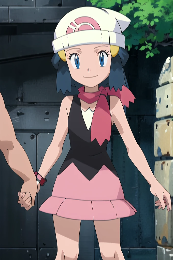 (insanely detailed, beautiful detailed face, masterpiece, best quality, sharpen, vibrant colors, solid colors, anime screencap), 1girl, solo, Dawn (Pokemon), black shirt, sleeveless, red scarf, pink skirt, white hat, long hair, blue hair, bare shoulders, arms up, arms stretched, showing armpits, stationary restraints, armpit crease, laughing, armpits, skinny, blush, tickling, tkl, stuck in the tickling machine, Intangible limbs, tickle, tickling armpits, detailed armpits, arms stuck in device, sweaty armpits