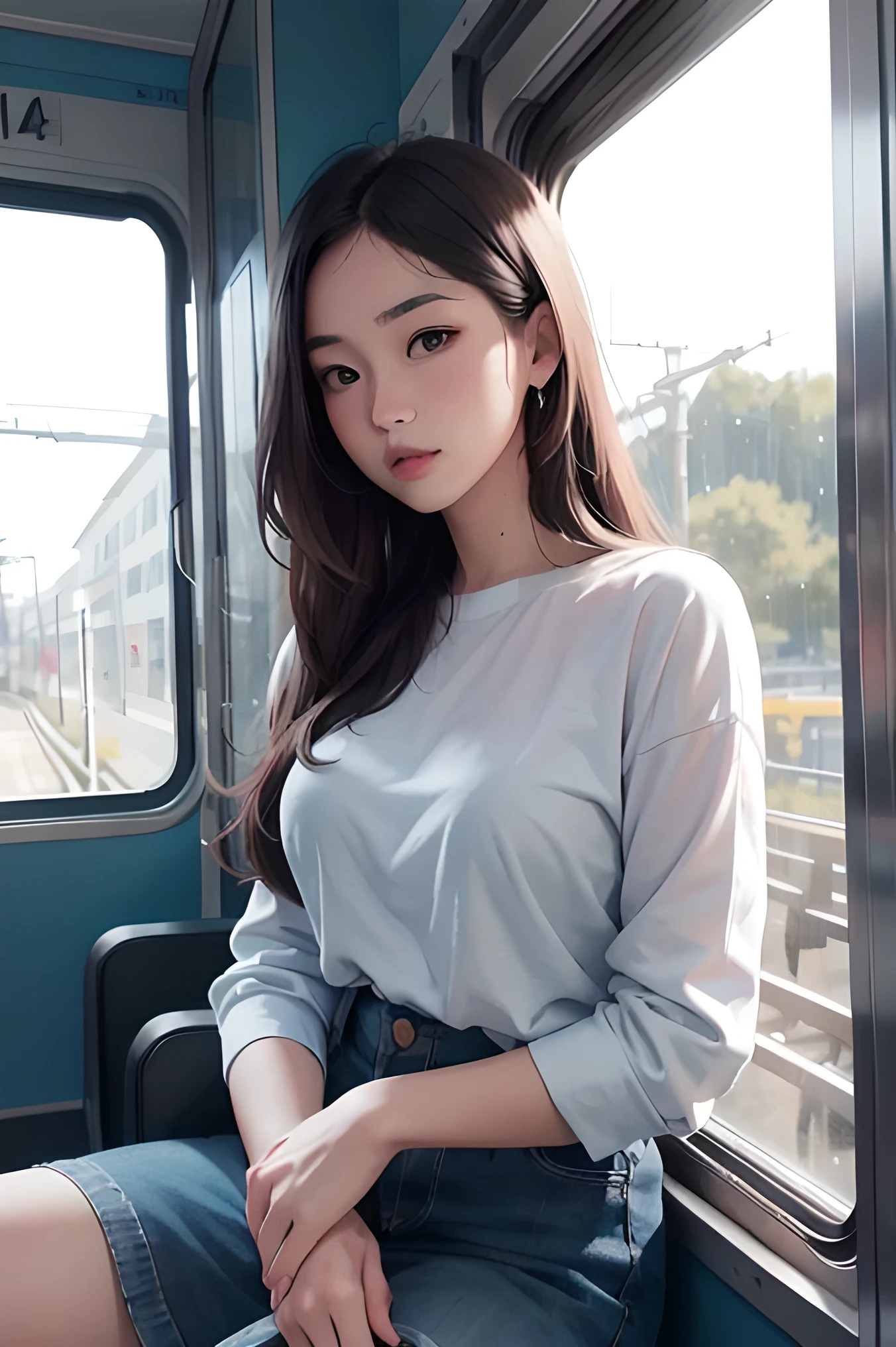 a woman is sitting inside the train window watching the scenery outside and a man sitting besides her window, 1girl, breasts, solo, sitting, shirt