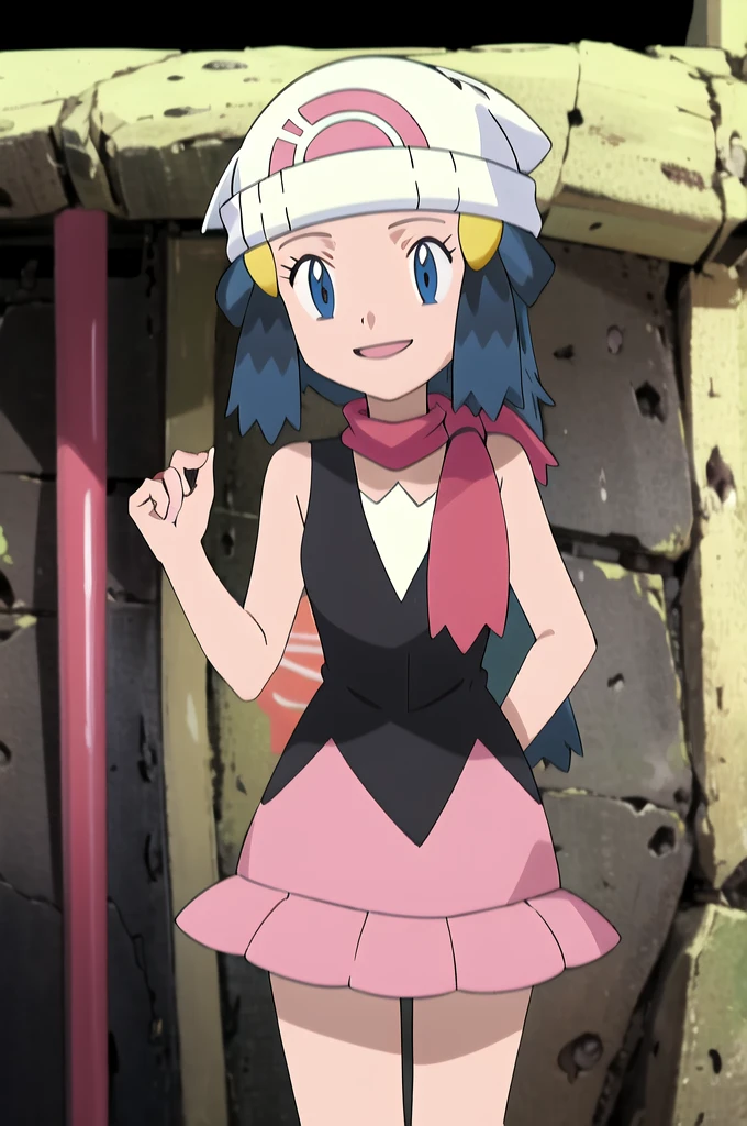masterpiece, Highest quality, High resolution, One girl, alone, dawn (Pokemon), Pink scarf, Black Shirt, Pink Skirt, Have, Outdoor, Bare shoulders, smile