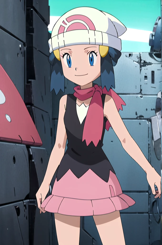 masterpiece, Highest quality, High resolution, One girl, alone, dawn (Pokemon), Pink scarf, Black Shirt, Pink Skirt, Have, Outdoor, Bare shoulders, smile