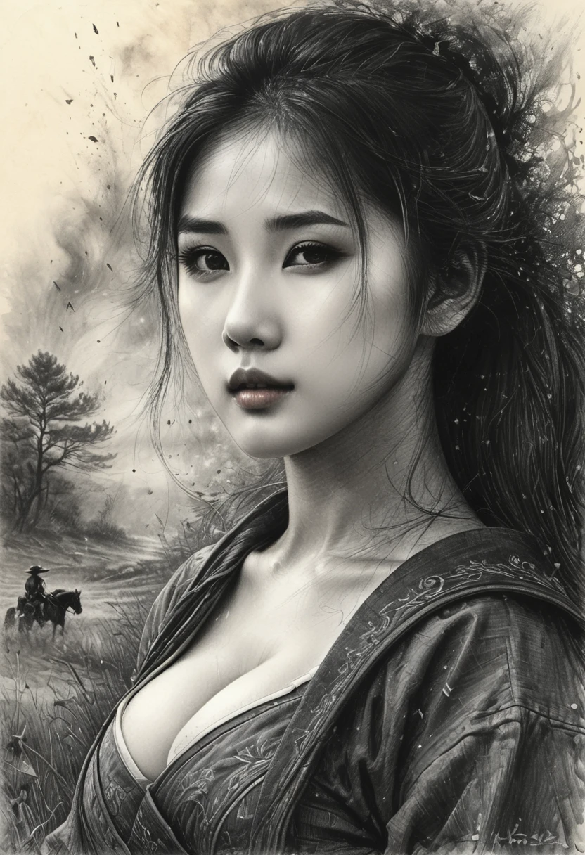 Charcoal Drawing, Pencil Drawing, Line Drawing, Graphite Drawing, Tinted Paper, Masterpiece, Top Quality, High Definition, Artistic Composition, 1 Girl, Sweet, Full Body, Big Breasts, Background - Rainy Day, Bright Autumn, Fires on the Battlefield and smoldering coals, the most beautiful Korean girl, looking at the viewer, 18 years old, big eyes, big eyes, ((Cowboy frame: 1.5)), female samurai, lighting, Japanese samurai sword (katana), best quality, chinkstyle. Art by Antonio Mora, Andre Cohn, Arthur Bordalo, Bob Ringwood, Benedict Ban,