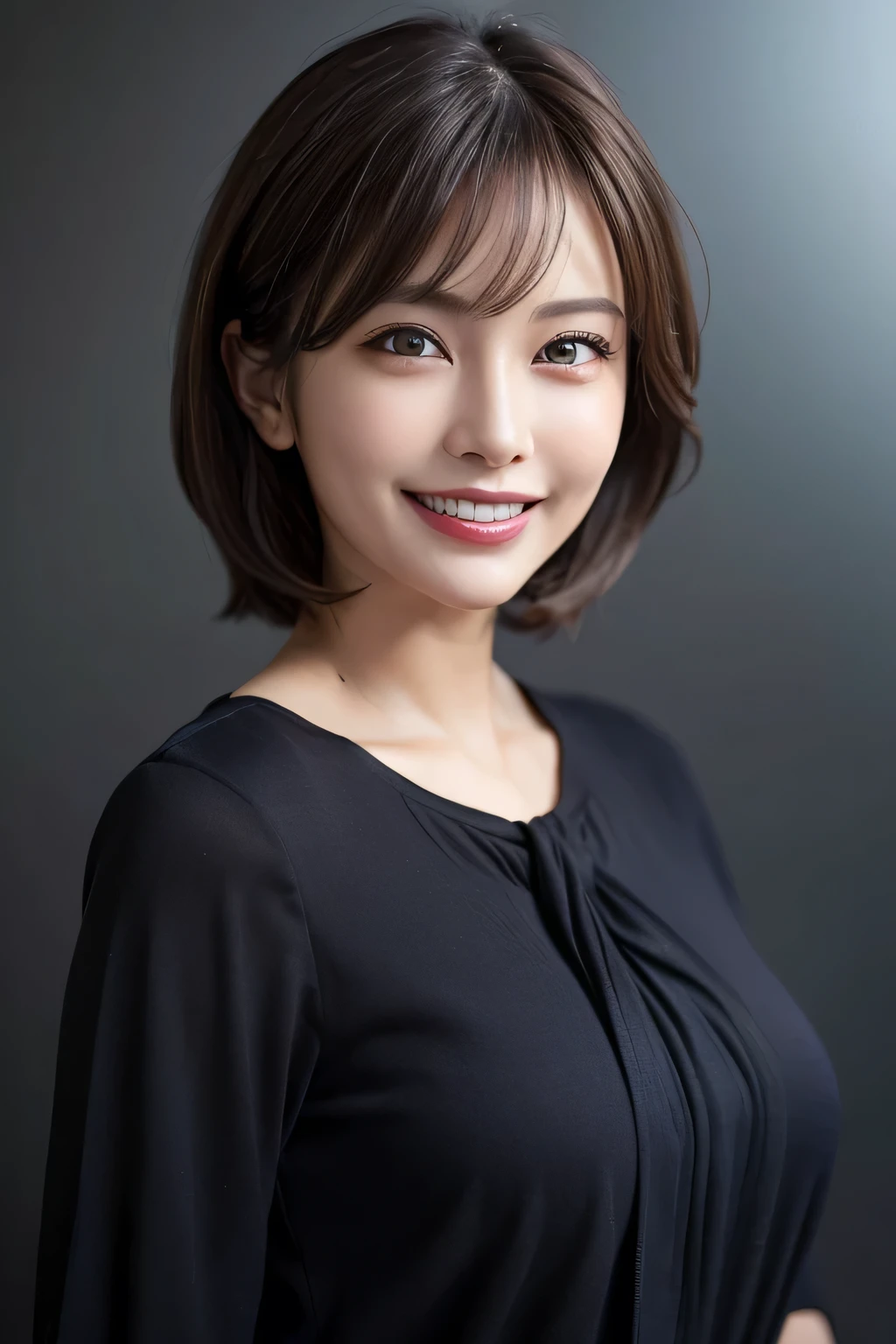 ((masterpiece)), ((Highest quality)), ((Complex)), ((Surreal)), (Realistic), (Mature Woman), ((There are no classes)), Very detailed, (1 female), Beautiful and exquisite, (Beautiful Teeth), Grin, Brunette Bob Hair, Brown eyes, ((blouse)), (Upper Body), (background:none), Perfect Eyes, Captivating eyes, Looking at the audience