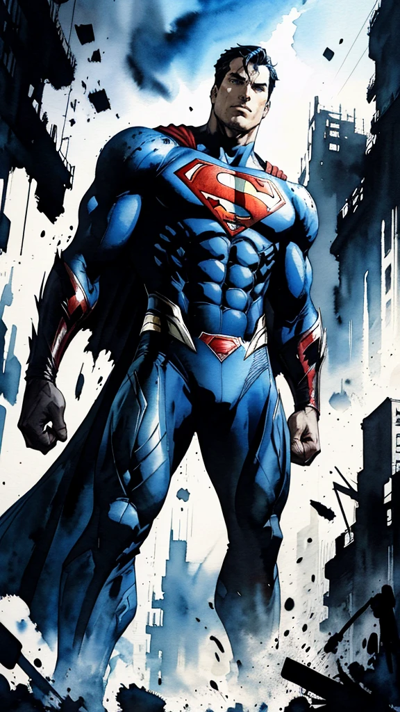 Evil Superman, closed mouth, looking at viewer, full body covered in black suit from syndercut, standing pose, powerful aura, from below, fantasy, high contrast, ink strokes, explosions, over exposure, impression , abstract, ((watercolor painting by John Berkey and Jeremy Mann)), brush strokes, negative space, good anatomy, good proportions, good architecture, realistic:1.25, cantered, high detail, high resolution, 8k, stunning, mascular body, Style-Hamunaptra:0.4,