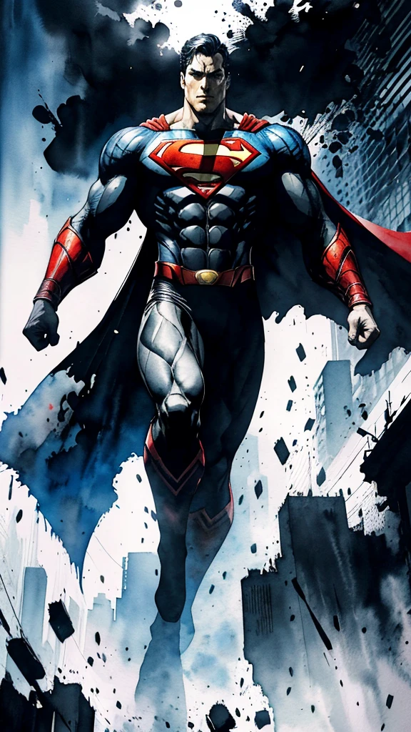 Evil Superman, closed mouth, looking at viewer, full body covered in black suit from syndercut, standing pose, powerful aura, from below, fantasy, high contrast, ink strokes, explosions, over exposure, impression , abstract, ((watercolor painting by John Berkey and Jeremy Mann)), brush strokes, negative space, good anatomy, good proportions, good architecture, realistic:1.25, cantered, high detail, high resolution, 8k, stunning, mascular body, Style-Hamunaptra:0.4,