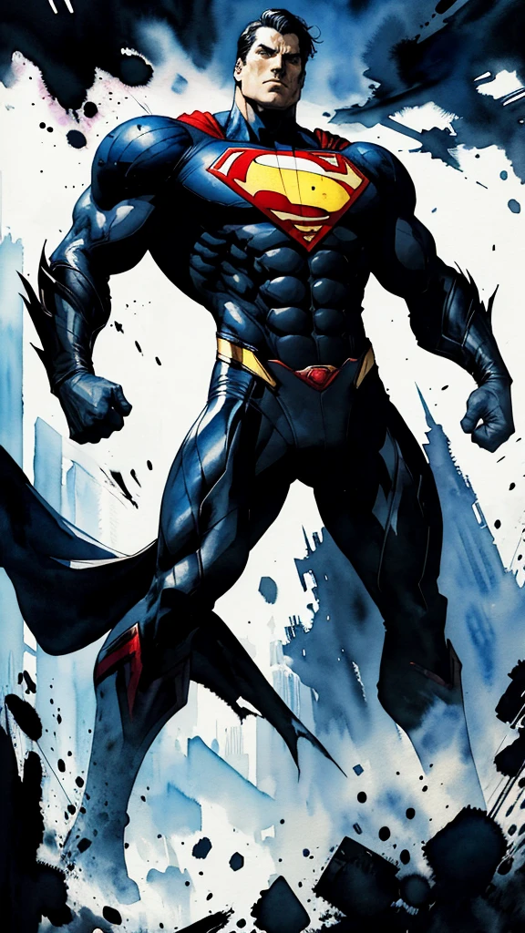 Evil Superman, closed mouth, looking at viewer, full body covered in black suit from syndercut, standing pose, powerful aura, from below, fantasy, high contrast, ink strokes, explosions, over exposure, impression , abstract, ((watercolor painting by John Berkey and Jeremy Mann)), brush strokes, negative space, good anatomy, good proportions, good architecture, realistic:1.25, cantered, high detail, high resolution, 8k, stunning, mascular body, Style-Hamunaptra:0.4,
