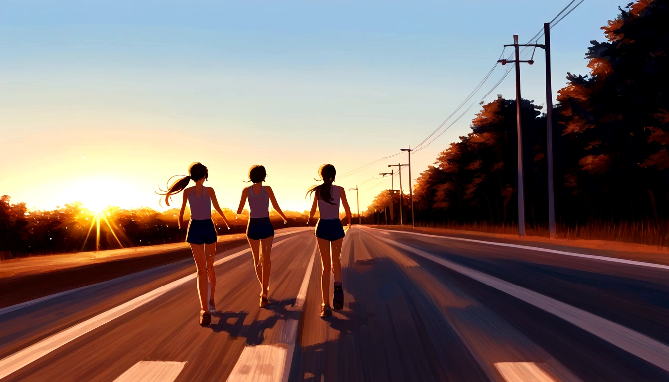 score 9, source anime, wide shot, multiple girls, Women marathoners running on the road while the roadside is packed with spectators, dynamic angle, perfect face, playful expression, low ponytail, sweat, outdoor, blue sky, shiny day, dramatic lighting, cinematic, best quality, 8k, masterpiece, ultra-detailed,