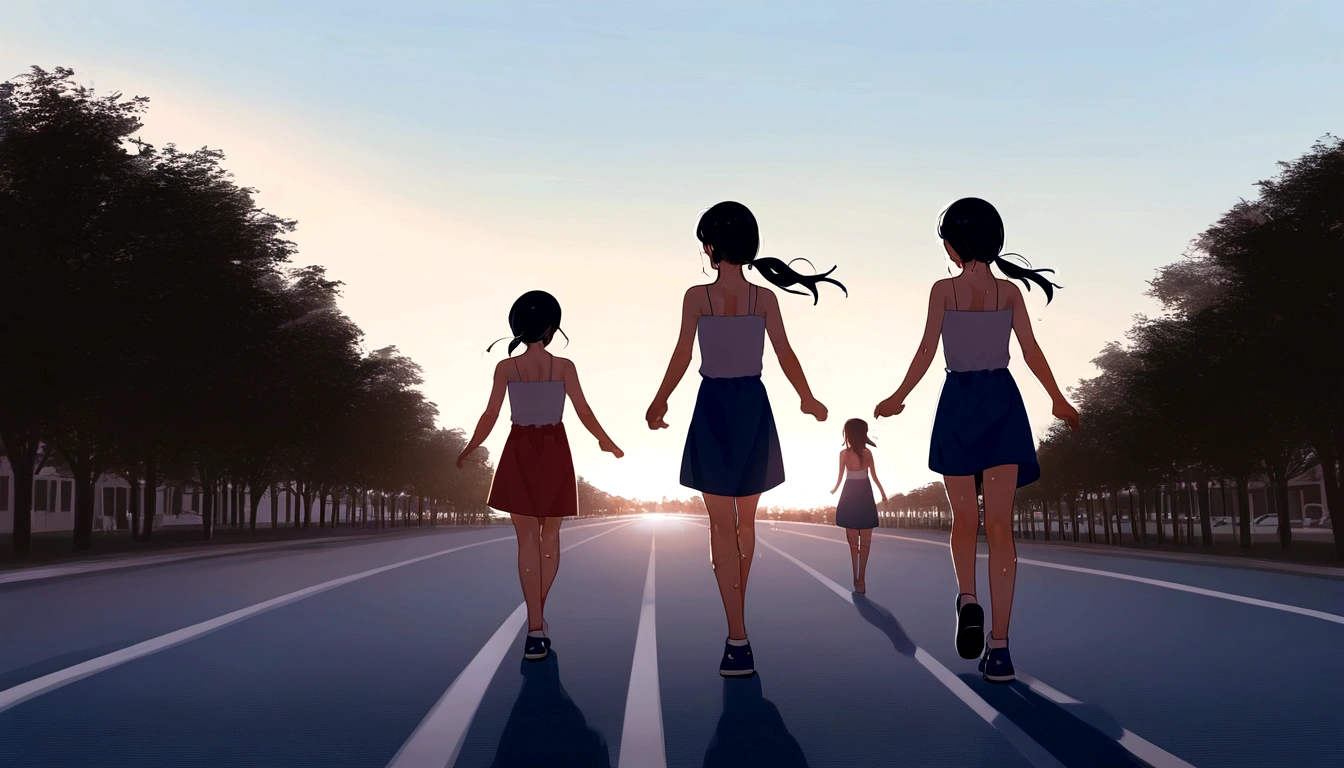 score 9, source anime, wide shot, multiple girls, Women marathoners running on the road while the roadside is packed with spectators, dynamic angle, perfect face, playful expression, low ponytail, sweat, outdoor, blue sky, shiny day, dramatic lighting, cinematic, best quality, 8k, masterpiece, ultra-detailed,