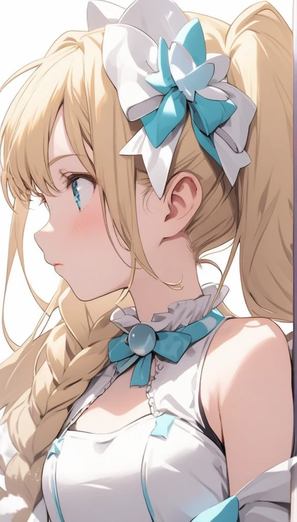 Little、、、blondes、Brat、A profile of a woman with her eyes slightly open, facing forward、white idol costume