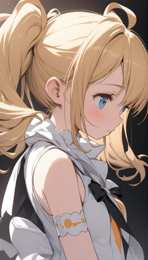 Little、、、blondes、Brat、A profile of a woman with her eyes slightly open, facing forward、white idol costume