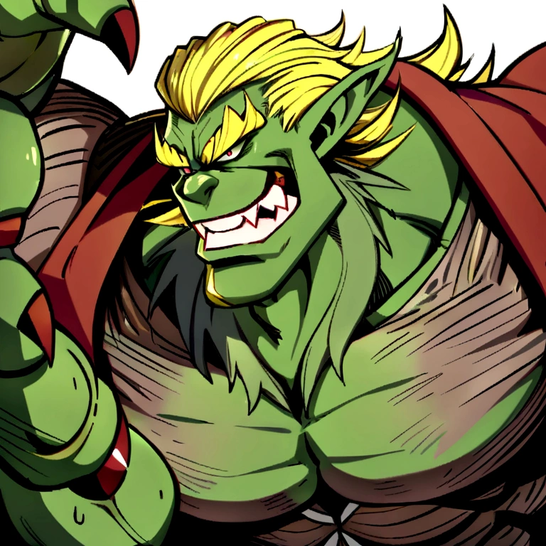 Face de um homem goblin brawny, manly, very long beard, greenskin, square jawline, brawny, very strong, hairy chest, manly, brawny, fangs, large fangs,white_background,simple_background,solo,