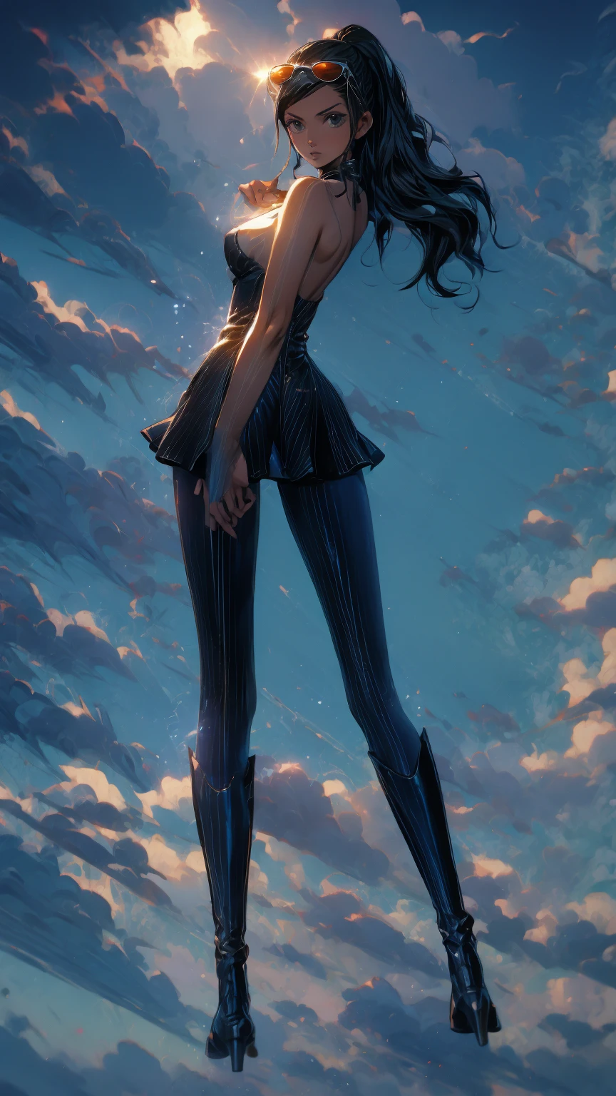 1girl, solo, boots, eyewear on head, black hair, dress, high heels, sunglasses, short dress, long hair, looking back, breasts, ponytail, nico robin, legs，medium_breasts，sideboob