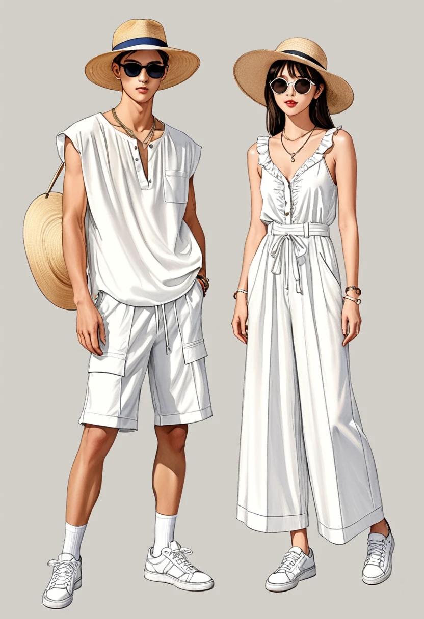 candid fashion illustration of young Asian man and woman, both aged 20 year old, ((showcase fashion look book in a White rayon outfits)), inspired by Zara's resort collection in elegant young bohemian style. The man wears an oversized short-sleeved bowling white shirt with a pocket details, paired with relaxed-fit white Sports Wide Leg Shorts Baggy short and Drawstring, He completes his look with white sneakers, sunglasses and bracelet. The woman complements him in a white Ankle-length dress, Calf-length, sleeveless dress in woven fabric featuring a round, frill-trimmed neckline and a keyhole opening with a button at the back of the neck. Smocked sections at the top and waist creating gathers. , Her ensemble includes an accessorizes with a wide-brimmed straw hat, white sneakers and necklace. Captured in a dynamic angle, ((full-body image)), ((blank eath tone background)), sketching, realistic pencil lines, imperfect drawing, fading sketch, fashion look book, fashion illustrator, sketch design,