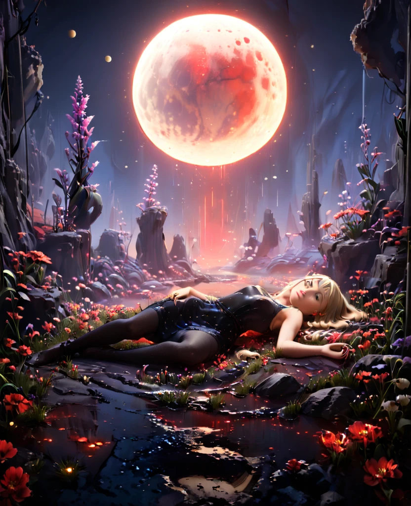 Garden, (((((Flowers emitting blue and red light))))), Path in the middle of the garden, Collapsed walls, nigth, Full Moon, 1 blonde girl, Beautiful  Girl, Lying on the flowers, In a black tight dress