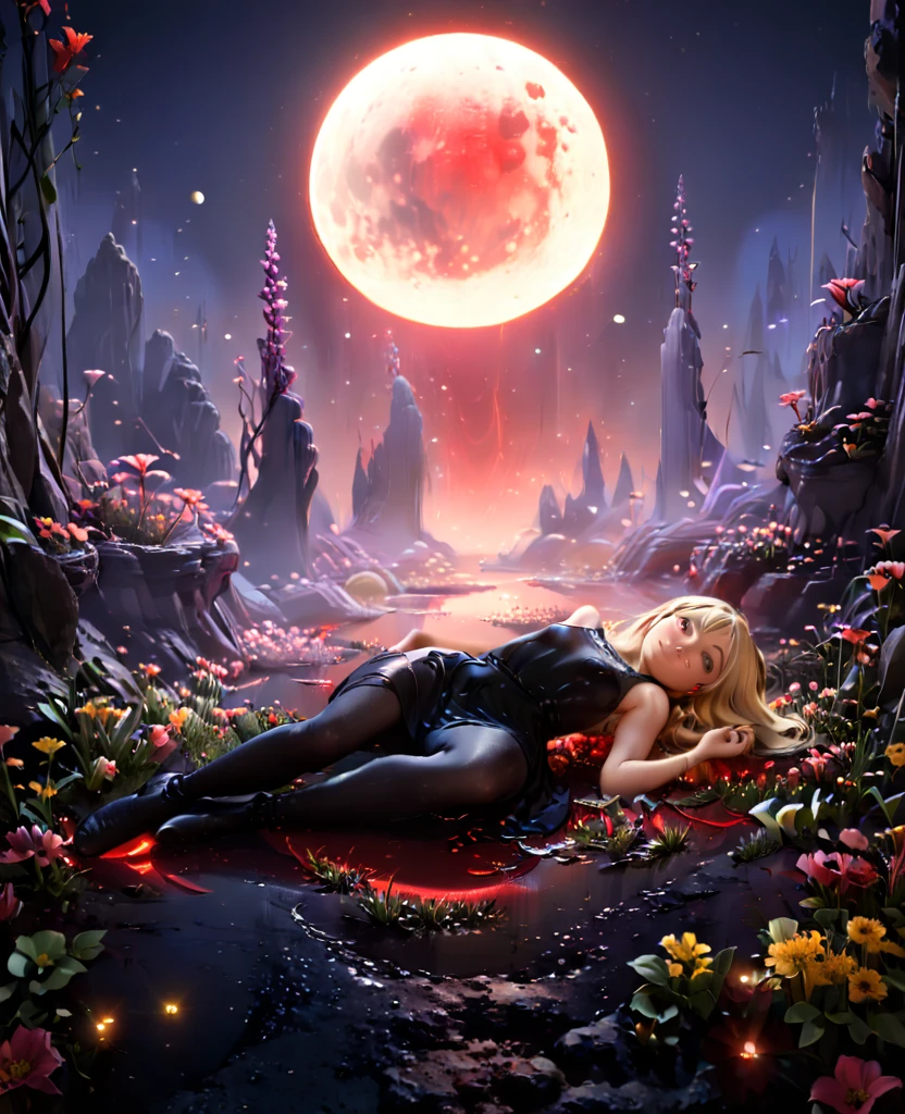 Garden, (((((Flowers emitting blue and red light))))), Path in the middle of the garden, Collapsed walls, nigth, Full Moon, 1 blonde girl, Beautiful  Girl, Lying on the flowers, In a black tight dress