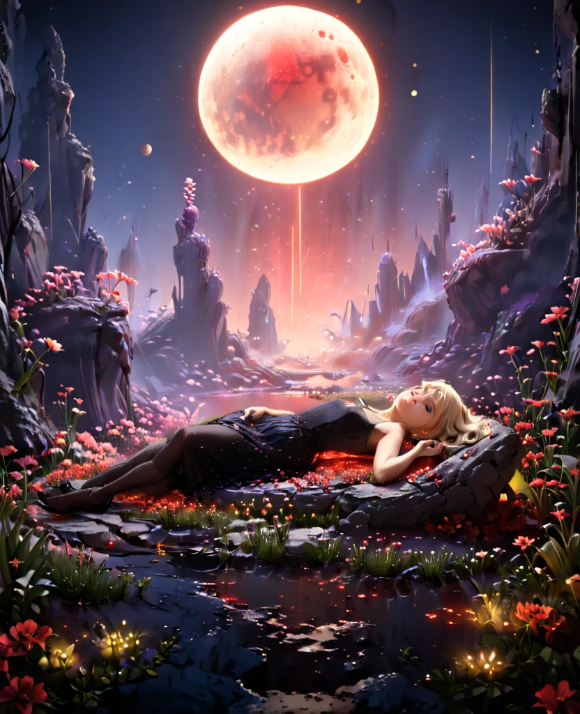 Garden, (((((Flowers emitting blue and red light))))), Path in the middle of the garden, Collapsed walls, nigth, Full Moon, 1 blonde girl, Beautiful  Girl, Lying on the flowers, In a black tight dress