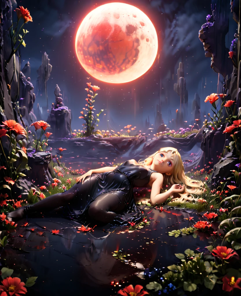 Garden, (((((Flowers emitting blue and red light))))), Path in the middle of the garden, Collapsed walls, nigth, Full Moon, 1 blonde girl, Beautiful  Girl, Lying on the flowers, In a black tight dress