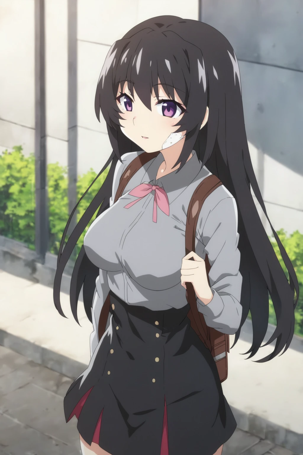 anime girl with a backpack and a mask on her face, purple eyes, anime moe artstyle, cute anime waifu in a nice dress, anime visual of a cute girl, beautiful anime high school girl, gray shirt, short skirt, anime girl with long hair, long straight hair, high quality anime artstyle, from girls frontline, anime style 4k, mature anime girl, anime girl wearing a black dress, kantai collection style,black shiny hair, normal breast