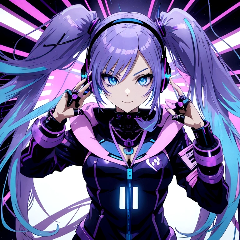 Anime cool girl with long purple hair, often in twin tails, with blue gradient tips. Vibrant blue eyes. Futuristic outfit with LED accents, typically in purple and white. Cyberpunk-style headphones. Gold accessories like necklace. Confident and friendly expression. Sleek, high-tech appearance with a mix of pop and edgy elements."