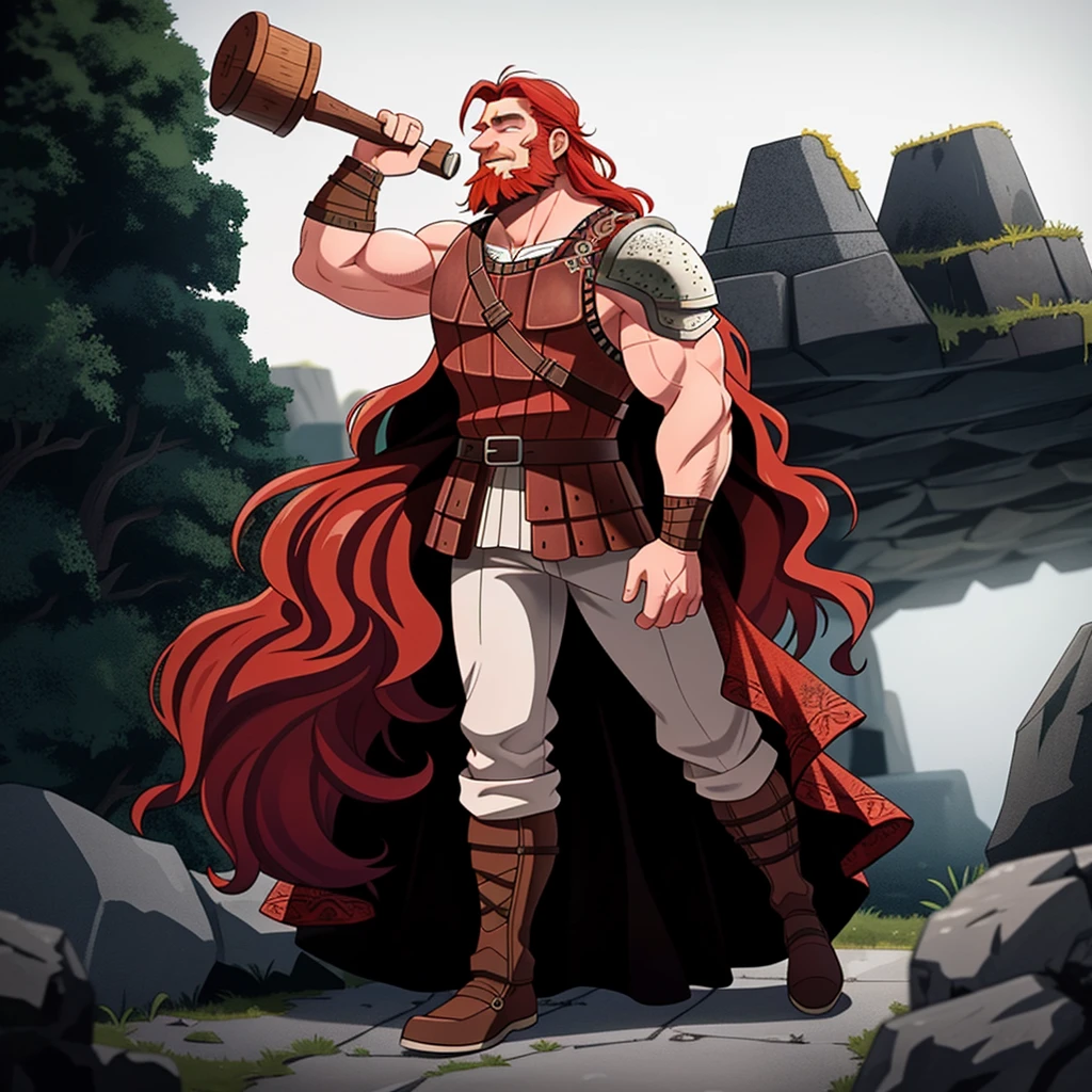 Ingólfr Einarr is a 40-year-old red-haired Viking man with a full and long beard, extroverted, muscular and very attractive, who wears his imposing medieval armor. hyper detailed and super realistic. cartoon style. White background. Ingólfr Einarr holds a wooden beer mug in his