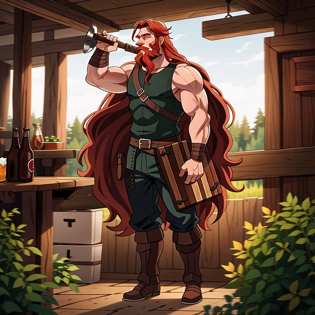 Ingólfr Einarr is a 40-year-old red-haired Viking man with a full and long beard, extroverted, muscular and very attractive, who wears his imposing medieval armor. hyper detailed and super realistic. cartoon style. White background. Ingólfr Einarr holds a wooden beer mug in his