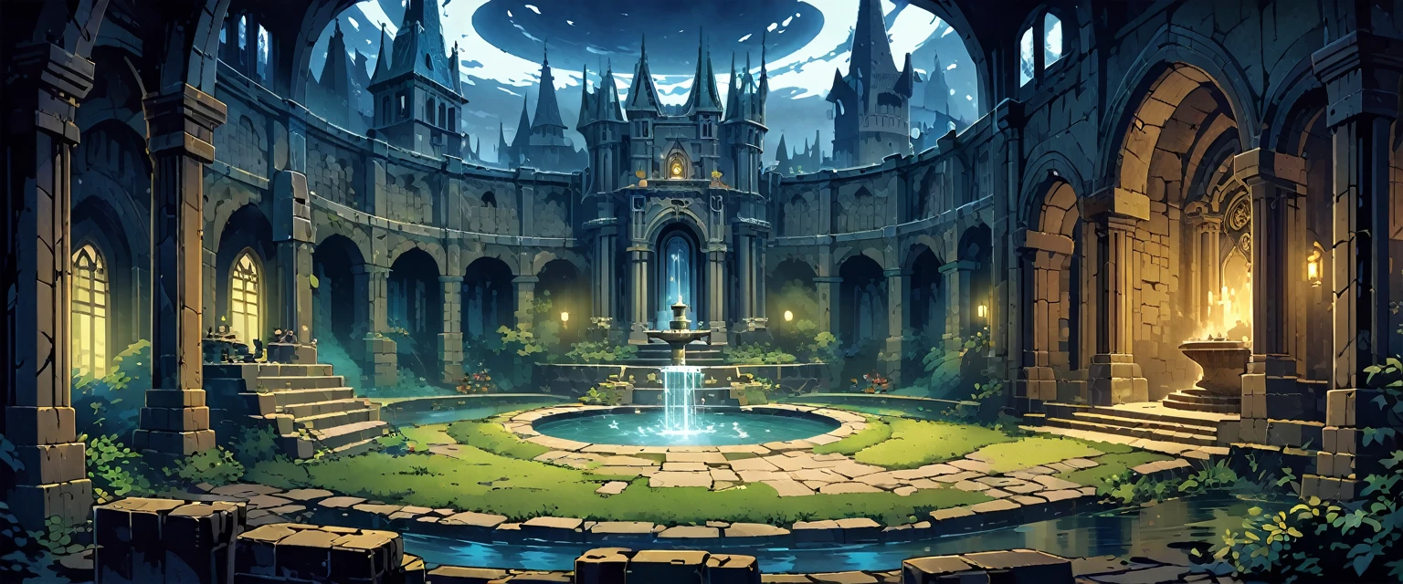 Magic Academy(Medieval European Temples)，There are huge walls around.，There is a lake in the atrium，There is a fountain in the middle of the lake，The castle is richly decorated，Shrouded in a mysterious light，Background is night。Mid-ground composition，Panorama pictures，Scene screen，Game concept art style，Anime illustration style，HD，4K。