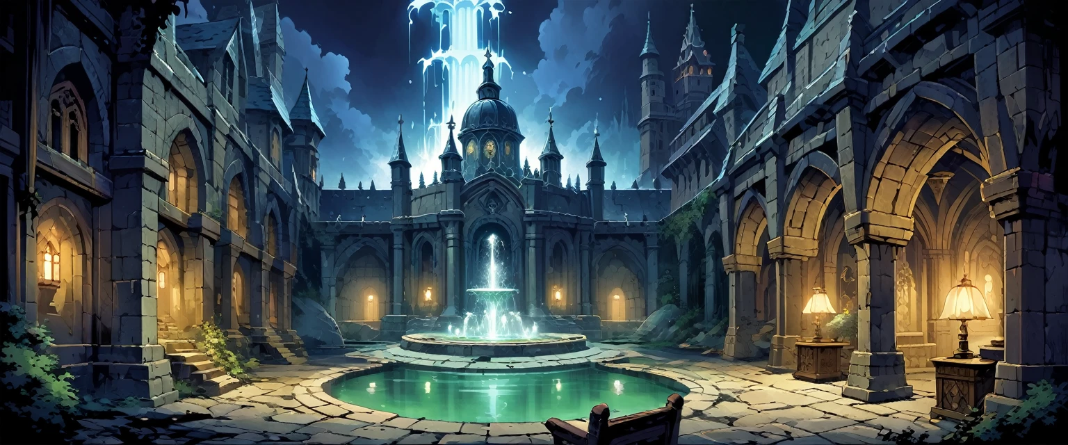 Magic Academy(Medieval European Temples)，There are huge walls around.，There is a lake in the atrium，There is a fountain in the middle of the lake，The castle is richly decorated，Shrouded in a mysterious light，Background is night。Mid-ground composition，Panorama pictures，Scene screen，Game concept art style，Anime illustration style，HD，4K。
