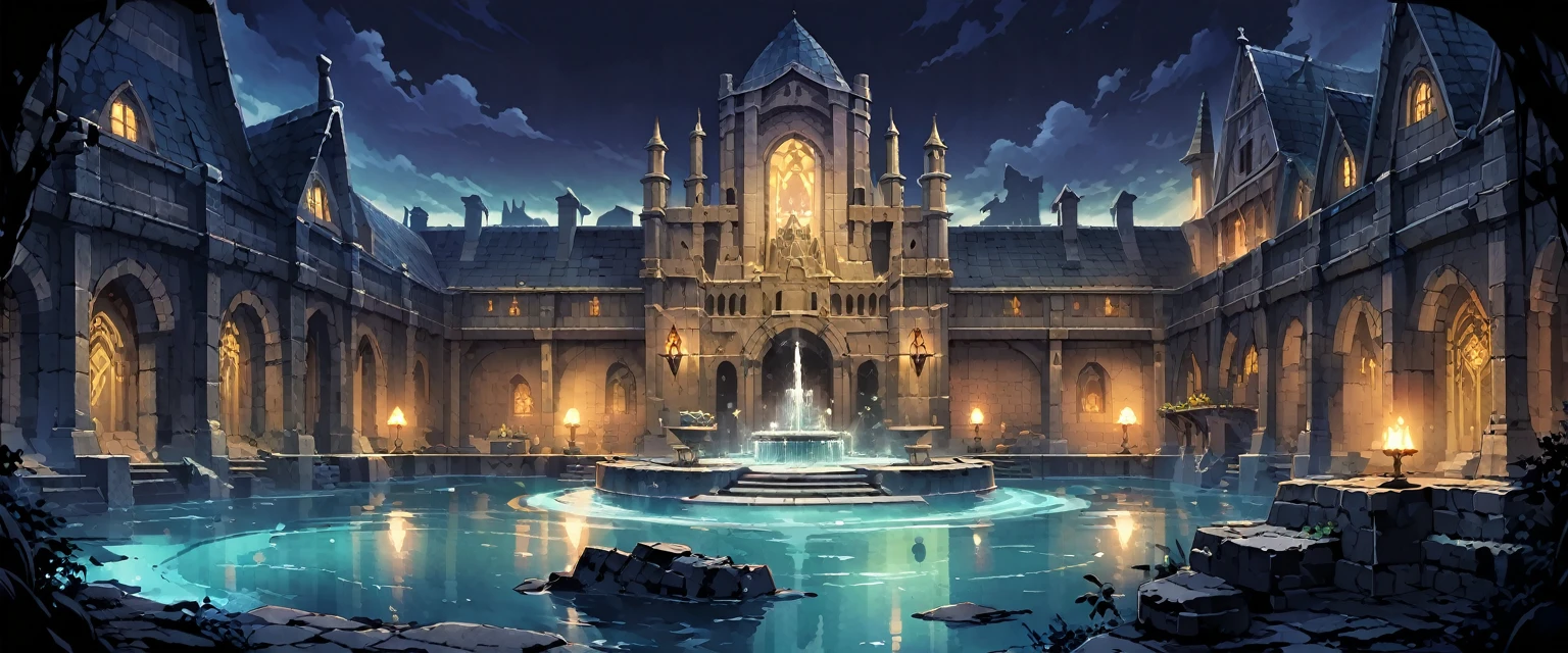 Magic Academy(Medieval European Temples),There are huge walls around.,There is a lake in the atrium,There is a fountain in the middle of the lake,The castle is richly decorated,Shrouded in a mysterious light,Background is night。Mid-ground composition,Panorama pictures,Scene screen,Game concept art style,Anime illustration style,HD,4K。