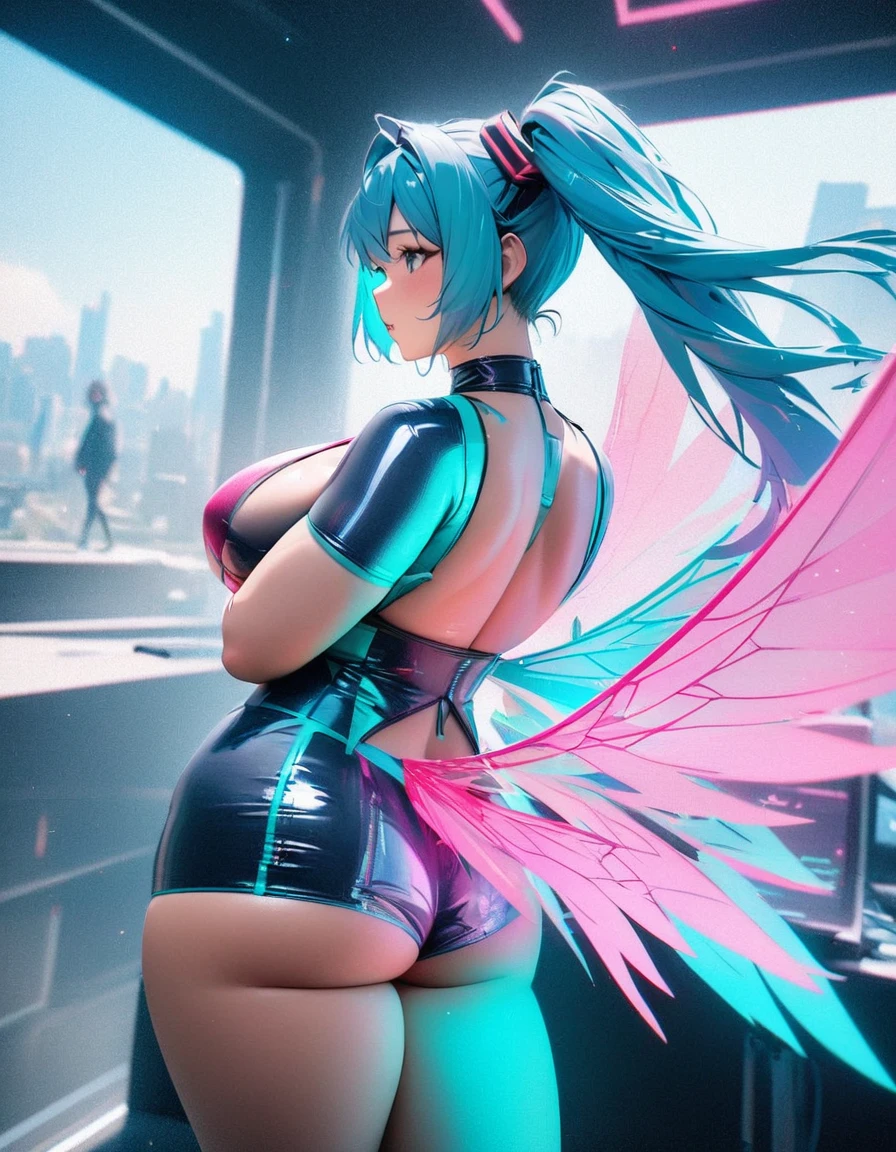 (masterpiece, Perfect quality:1.2,), (8K, RAW Photos, Highest quality, masterpiece: 1.2), High-quality RAW color photos, Professional photography,Data Visualization Design Styles ,(Hatsune Miku is singing with her wings spread),(Pink and turquoise hair:1.3) ,(Plump body),A clear blue sky,Vast views,Side Back,Wear iconic outfits and hairstyles,(Extra long double ponytail:1.3),Aether Holographic Center, Neon Wings, Founding Angel, Transparent Holographic Being, Beautiful details